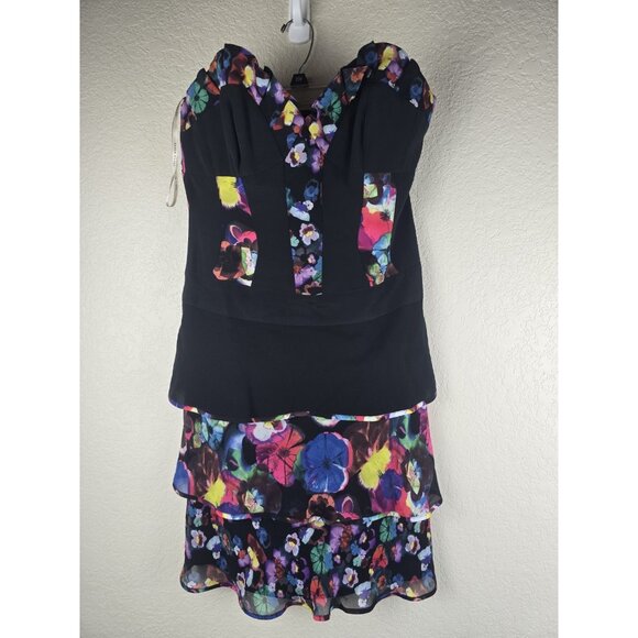 Karen Millen Black Floral Corset Tiered Mini Dress UK 12 US 8 Strapless Silk - Picture 3 of 9